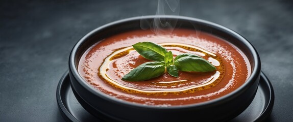 Creamy tomato soup with basil and drizzle in black bowl on dark background.