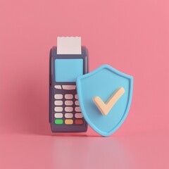 A colorful illustration of a payment terminal alongside a shield symbolizing security in financial transactions, set against a pink background.