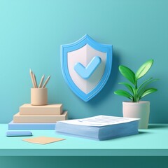A modern workspace featuring a shield symbolizing security, with stationery items and a green plant on a light blue table.
