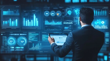 A businessman analyzing a data report with AI-powered analytics, optimizing business decisions, customer service, and marketing strategies for growth.