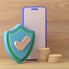 A digital concept image featuring a smartphone, a shield with a check mark, and stacks of coins, symbolizing security and online transactions.