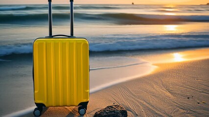 A bright yellow suitcase stands on the sandy beach as the sun sets, with waves gently lapping at the shore, evoking a sense of travel