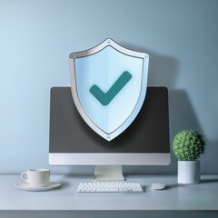 A digital security concept featuring a shield with a checkmark, displayed on a computer monitor alongside a cup and a plant, symbolizing protection and reliability.