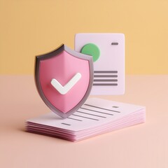 A colorful graphic representation of a shield with a check mark, symbolizing security, alongside a document on a pastel background.