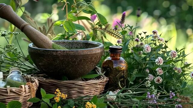 mortar medicinal herbs in nature. Selective focus