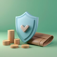 A stylized representation of a shield with a heart, surrounded by stacks of coins and a wallet, symbolizing financial security and trust.