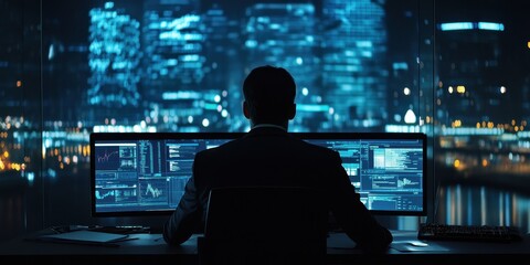 A businessman in an office setting analyzing real-time AI-powered digital marketing data to drive company growth and enhance business performance.
