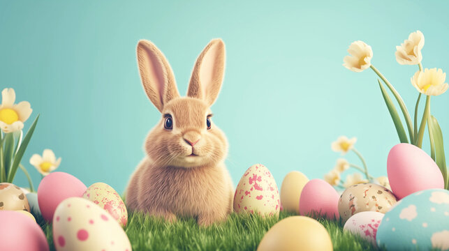 Kleiner Osterhase mit Eiern und Wiese - Frohe Ostern