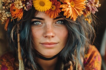 Portrait of a Young Woman with a Floral Crown and Bright Eyes. Generative AI.