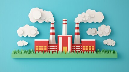 Fototapeta premium Green Factory Emitting Pollution in Colorful Paper Art Style on a Blue Background