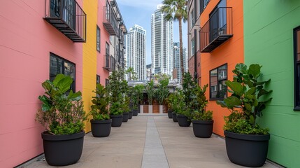 Fototapeta premium Colorful Urban Art District Pathway Surrounded by Lush Greenery and High-Rise Buildings