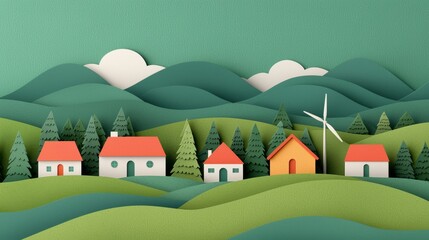 Sustainable Green City Collage with Paper Cutout Homes and Wind Turbine Landscape