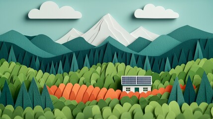 Vibrant Paper Collage of Solar Powered Farm Surrounded by Scenic Nature and Mountains