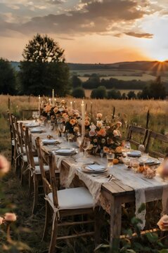 A table with a white tablecloth and a floral centerpiece