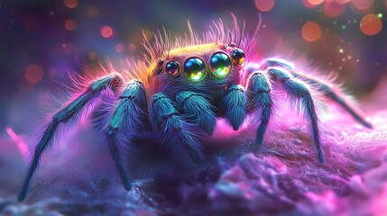 dreamy colorful fantasy spider with fluffy neon fur glowing eyes and magical web perfect for mystical surreal and exotic fantasy art inspired creations
