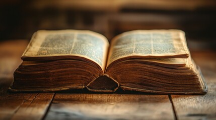 Aged open book on wooden table