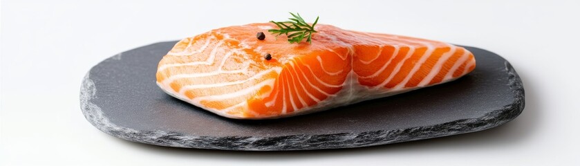 raw salmon steak on slate plate clipart, modern culinary concept, realistic lighting, isolated on white background