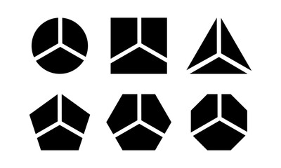 Geometric shapes divided into 3 sectors isolated on white background. Round, square and triangle, octagon, pentagon and hexagon shapes cut in three fractions. Vector graphic illustration.