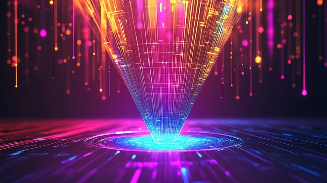 vibrant conceptual funnel chart in neon colors with abstract background for modern marketing business sales analytics and infographic design projects