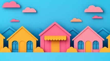 Vibrant Paper Design of Colorful Houses in a Playful Marketplace Setting