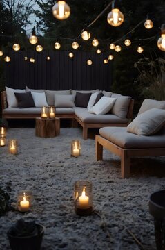 A patio with a black fence and a wooden table with candles lit on it