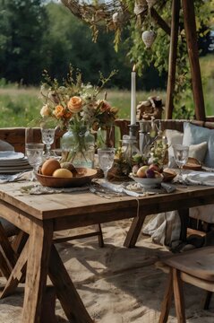 A wooden table with a vase of flowers and a bowl of fruit