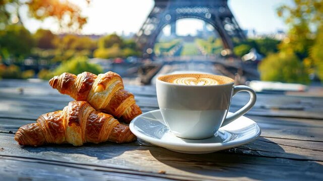 coffee and croissants against the background of the Eiffel Tower. Selective focus