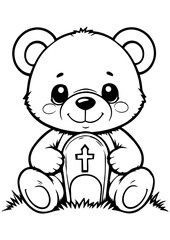Obraz premium Black and white vector of a teddy bear with a grave cross. Ideal for engraving, memorial prints, children's tribute art, and emotional design projects.