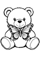 Black and white vector illustration of a teddy bear with a butterfly. Ideal for engraving, prints, children's books, and nature-themed projects.