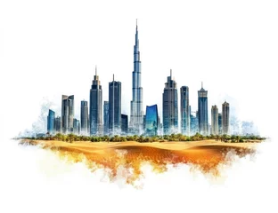 Dubai Skyline Emerging From Desert in Painted Style, Tourism Concept