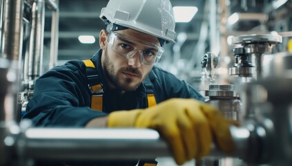 Worker engineer young man focused on machinery maintenance in industrial setting  
