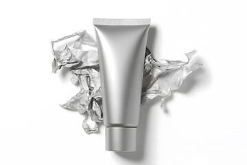 Realistic metallic cosmetic tube mockup placed on white crumpled paper background. Perfect for branding, packaging design, and skincare product presentation.