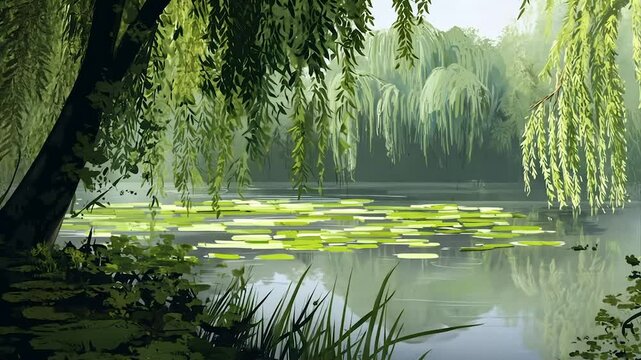 Serene pond scene with weeping willows and lily pads