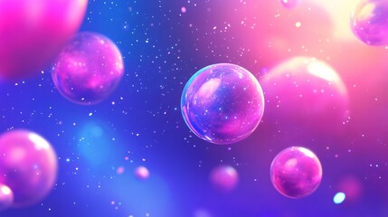 Abstract illustration with floating spheres and colorful cosmic background.