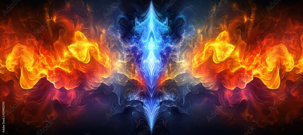 Canvas Prints abstract symmetrical flow, digital art of intertwined blue and red energy with central glowing form