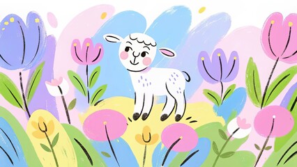 Cute lamb standing among colorful flowers in a cheerful setting  