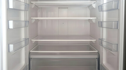 Empty refrigerator shelves, kitchen interior, clean, organized. Use Home appliance stock photo