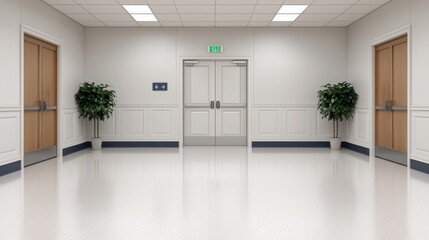 Fototapeta premium Modern Hallway with Wooden Doors and Green Plants in a Bright Environment