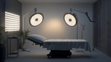 A well-lit, modern operating room, featuring surgical lights, a sterile bed, and medical equipment. The room's design evokes a sense of precision and focus.