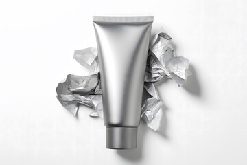 Realistic metallic cosmetic tube mockup placed on white crumpled paper background. Perfect for branding, packaging design, and skincare product presentation.