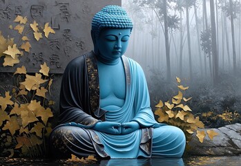 a blue Buddha meditating on a lotus, with a grey and white background, misty with golden flowers around him