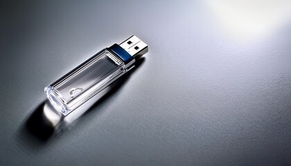 グレーのマットな背景に置かれたUSBメモリが、透明感のあるデザインで学生用としてデジタル学習を支える実用的なツールであることを静かに強調している


