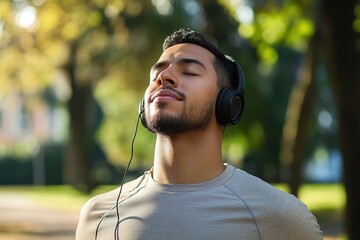 Close-up portrait of sportsman in park, hispanic man jogging in park with eyes closed breathing fresh air and resting, jogging with headphones listening to music and online radio and podcasts.