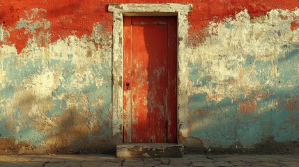Naklejka premium Red door on weathered wall