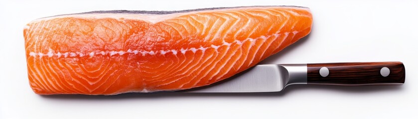 salmon steak with kitchen knife clipart, chef prep element, soft shadows, isolated on white background
