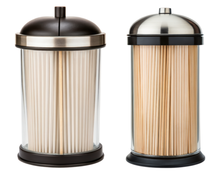 Glass dispensers filled with coffee stirrers and toothpicks on a transparent background