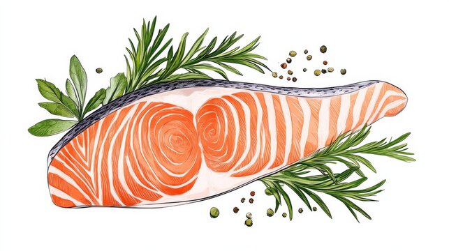 watercolor salmon steak with herbs and spices clip art preview