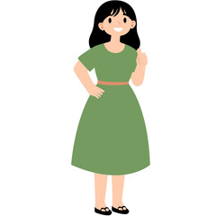 Smiling woman standing and giving a thumbs up, wearing a green dress. Flat cartoon style illustration suitable for concepts of positivity, approval, encouragement, and lifestyle-related designs.