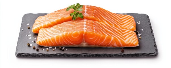 raw salmon steak on slate plate clipart, elegant food setup, photorealism, isolated on white background