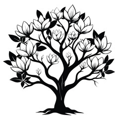 A stylized black and white illustration of a tree featuring large, blooming magnolia flowers and lush leaves. The branches elegantly extend outward, adorned with a variety of open and closed flowers © SP Technology